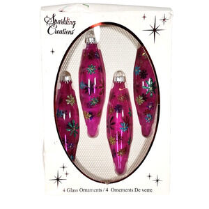 Retro Style Mid Century Glass Christmas Ornaments Embellished Glitter Pink
